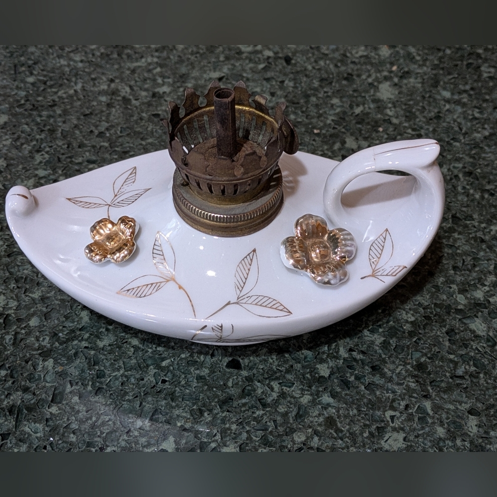 Ceramic Genie Oil Lamp with Golden Accents.
